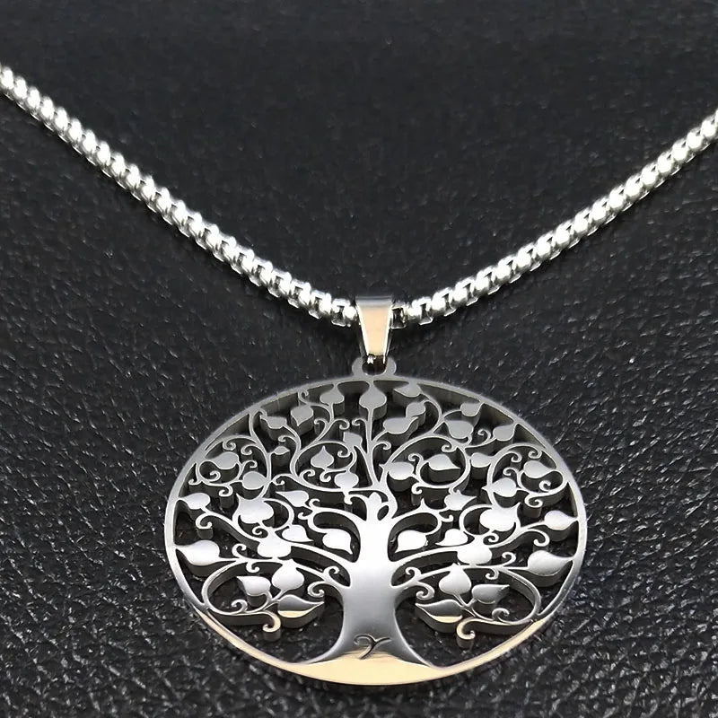 Tree of Life Necklace – Stainless Steel Pendant Jewelry for Women & Men, Silver Amulet Collar Chain