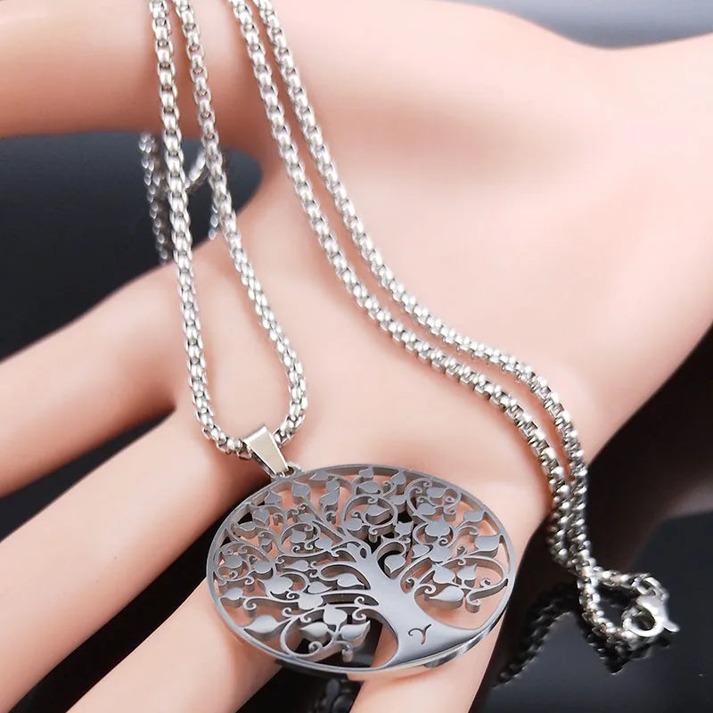 Tree of Life Necklace – Stainless Steel Pendant Jewelry for Women & Men, Silver Amulet Collar Chain