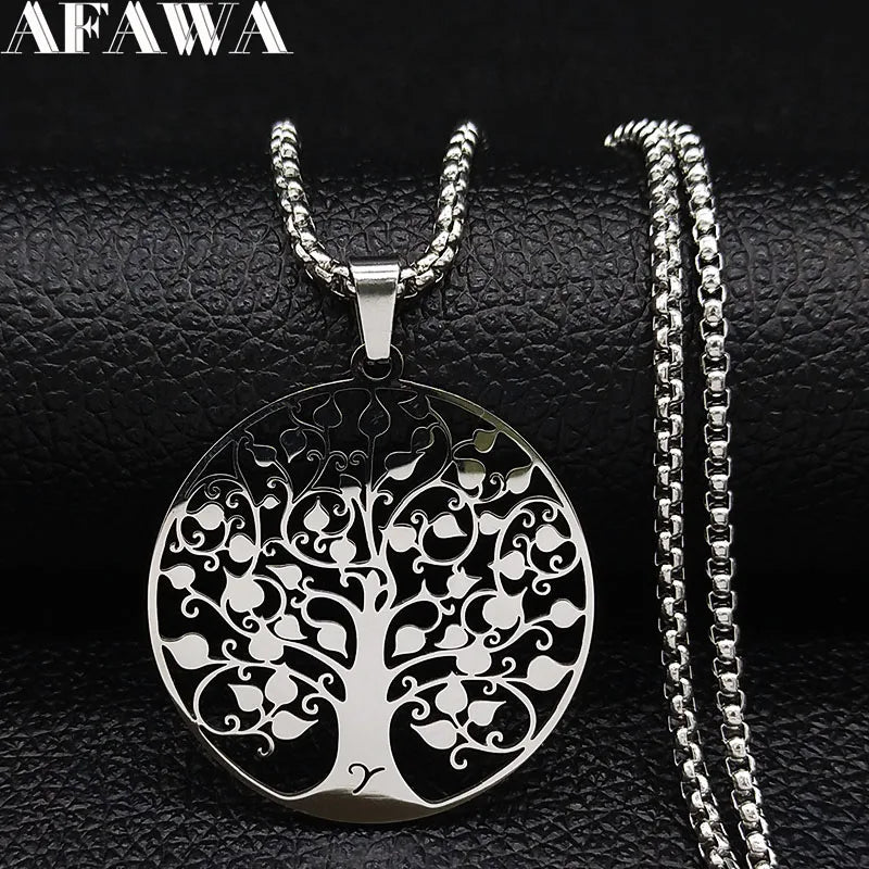 Tree of Life Necklace – Stainless Steel Pendant Jewelry for Women & Men, Silver Amulet Collar Chain