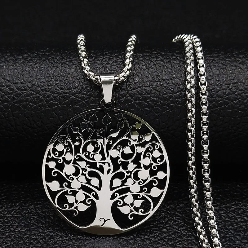Tree of Life Necklace – Stainless Steel Pendant Jewelry for Women & Men, Silver Amulet Collar Chain