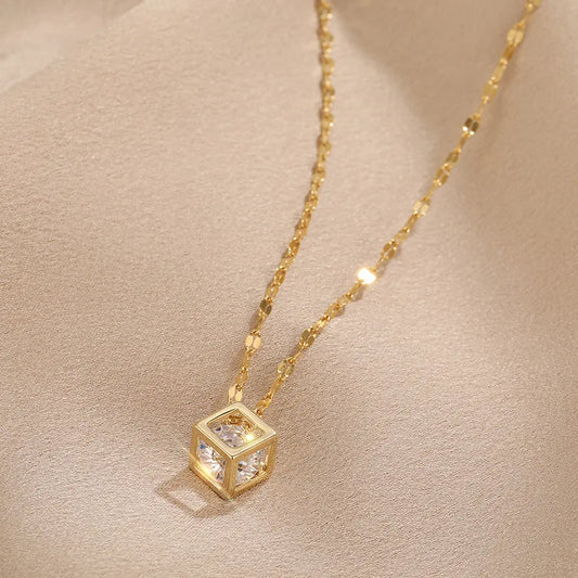 Zircon Crystal Inside Hollow Square Stainless Steel Necklace