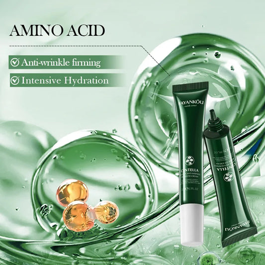 Avankou amino acid skincare products with green background and text highlighting benefits.