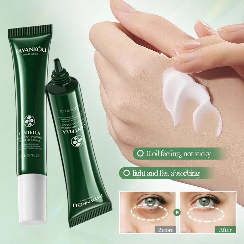 Two green skincare products with a hand applying cream and before-and-after effects on eyes.