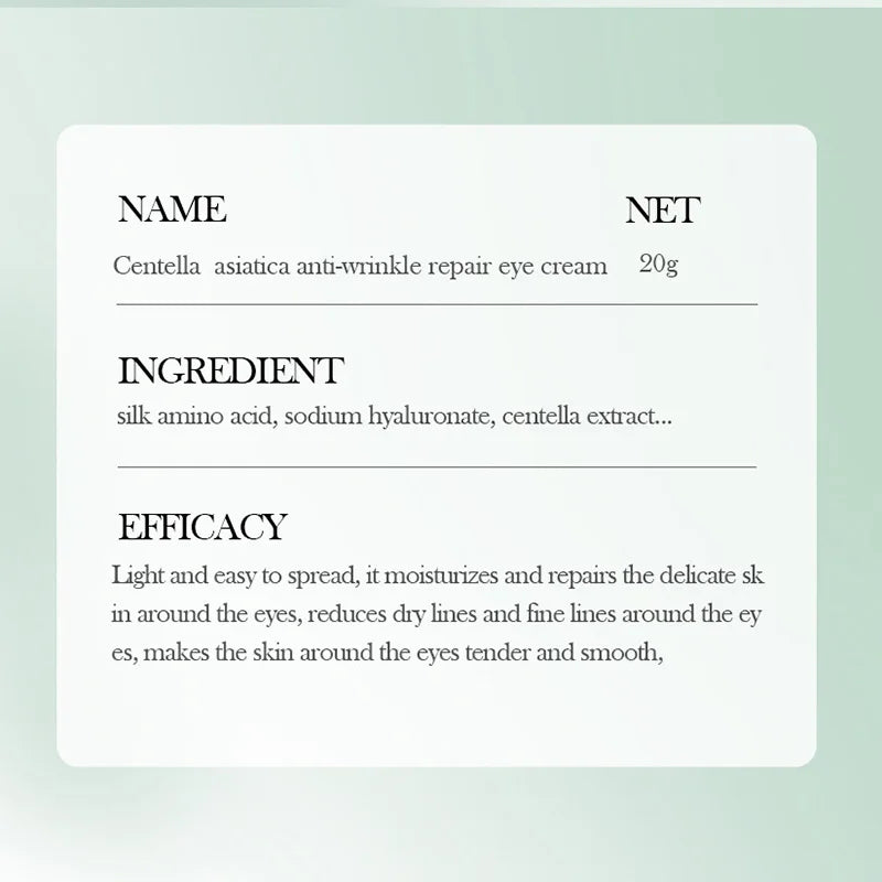 Product label for Centella asiatica anti-wrinkle repair eye cream on a light green background