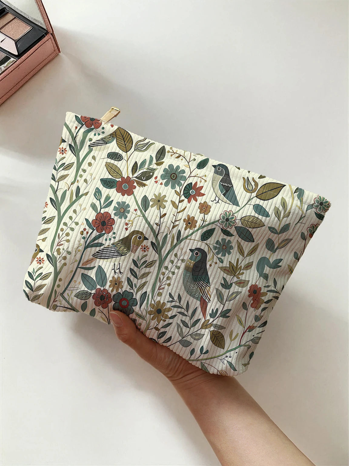 Branch Bird Pattern Corduroy Makeup Bag