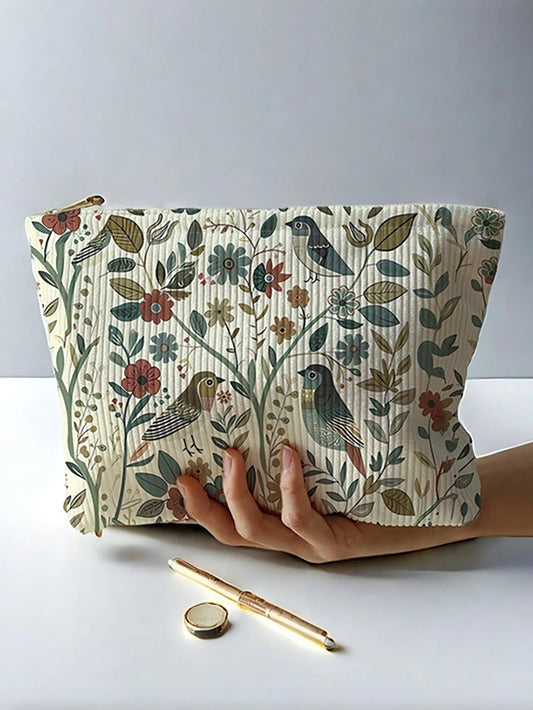 Branch Bird Pattern Corduroy Makeup Bag