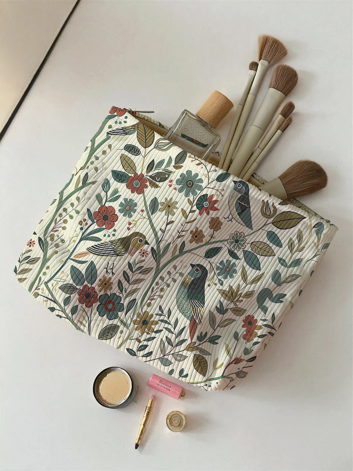Branch Bird Pattern Corduroy Makeup Bag