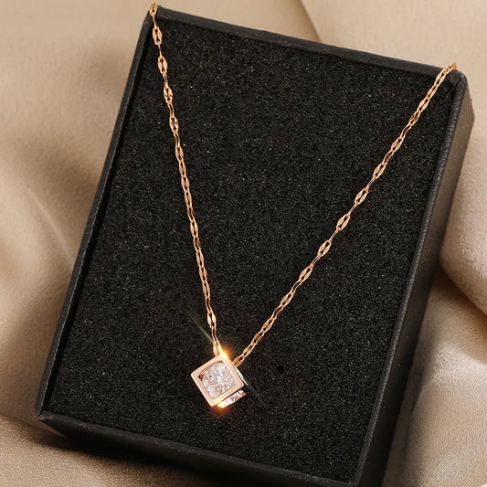 Zircon Crystal Inside Hollow Square Stainless Steel Necklace