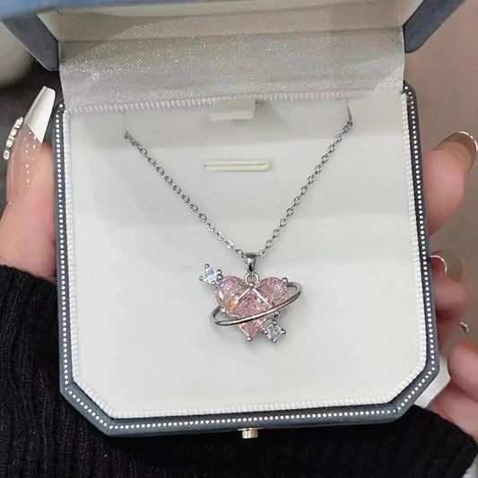 Trendy Crystal Pink Zircon Heart Pendant Necklace