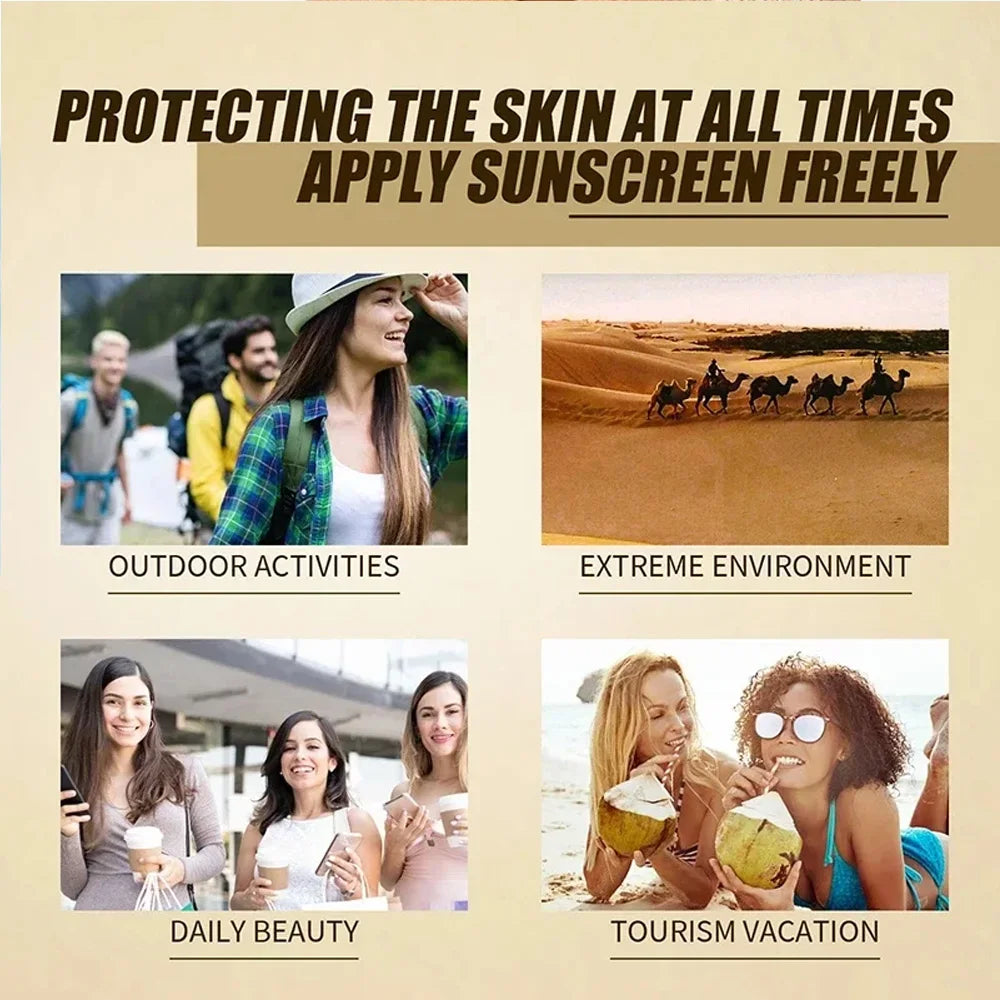 Sunscreen advertisement with people in various settings and text about sun protection.