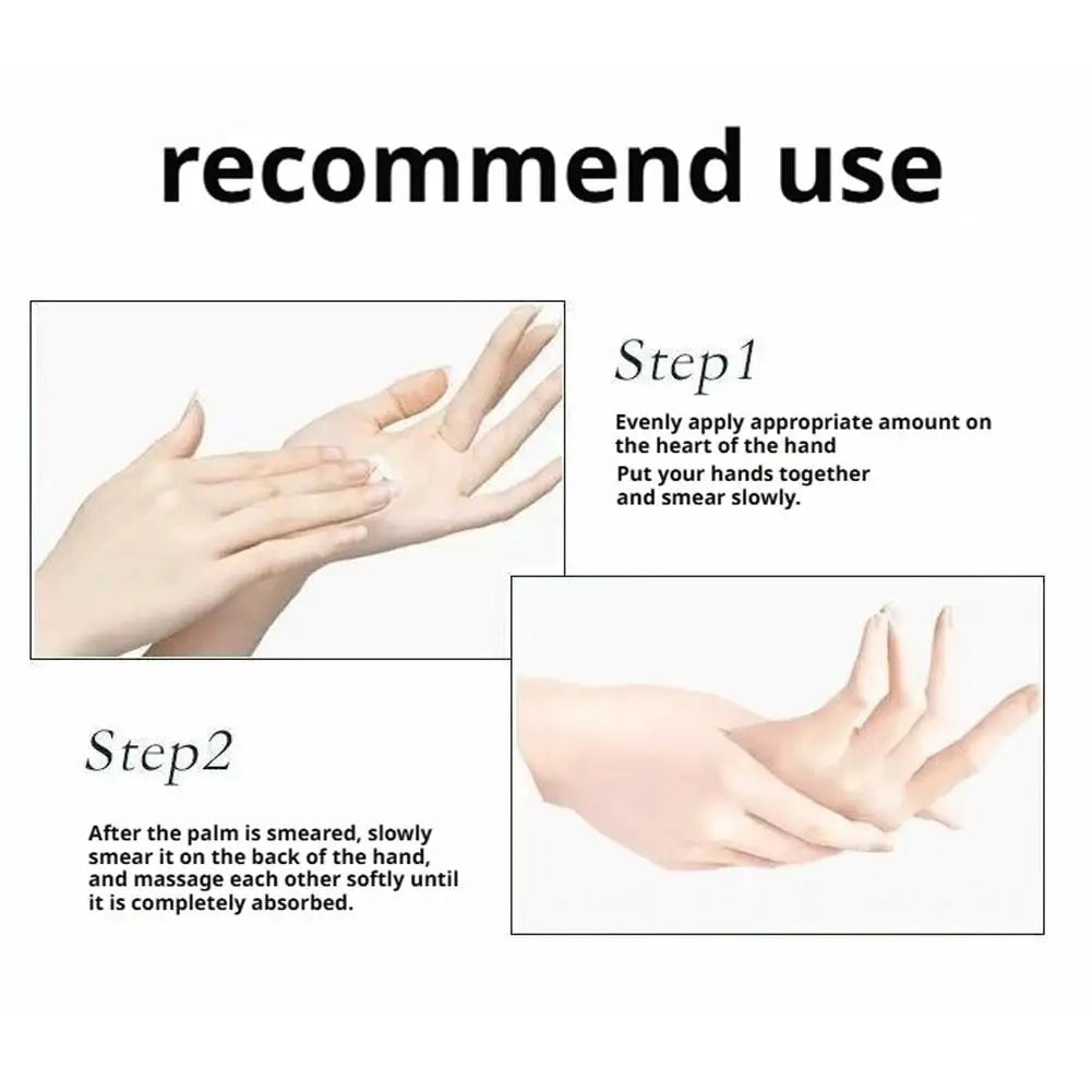 Instructions for applying a product to hands with text overlay on a white background