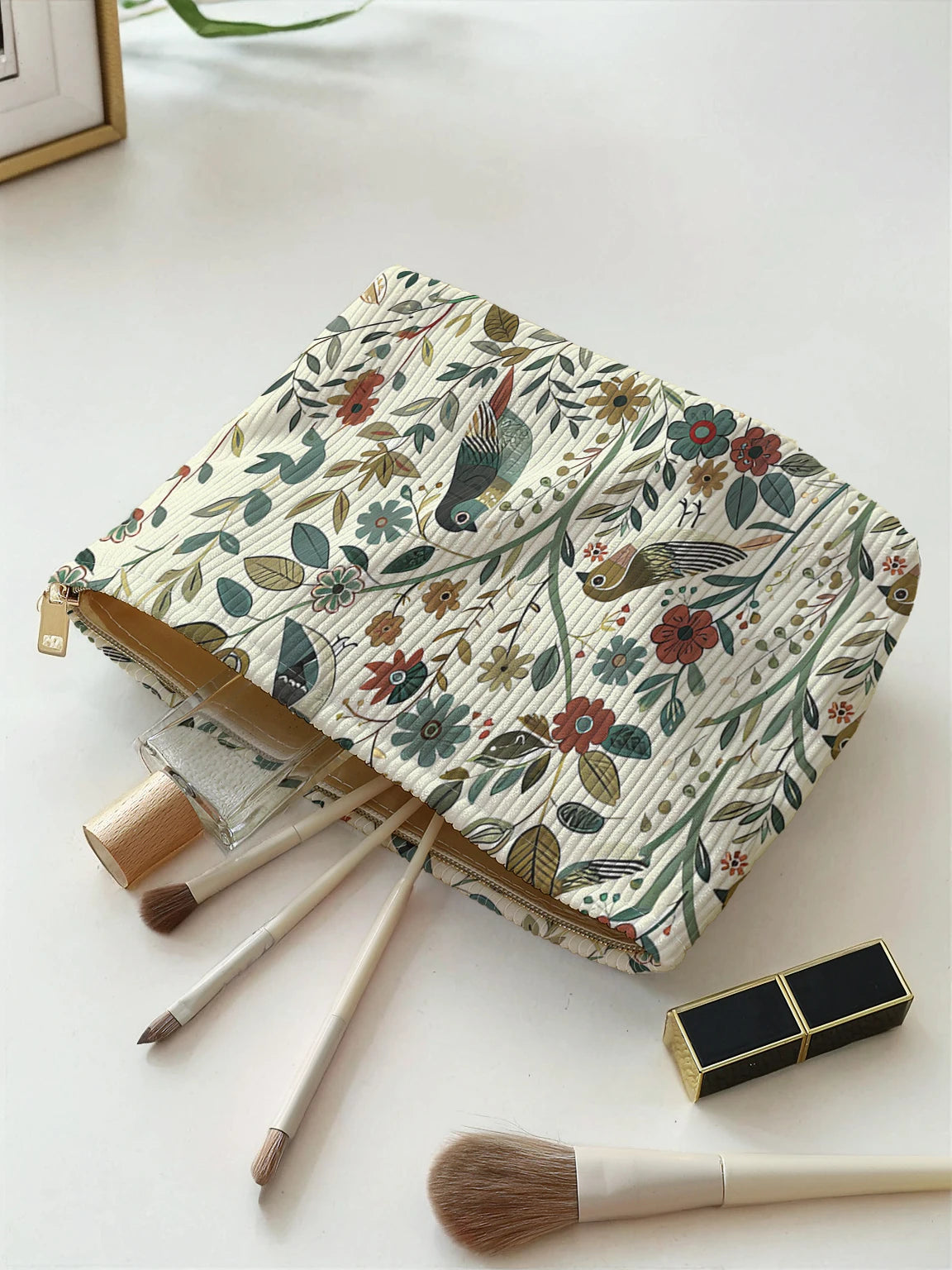 Branch Bird Pattern Corduroy Makeup Bag