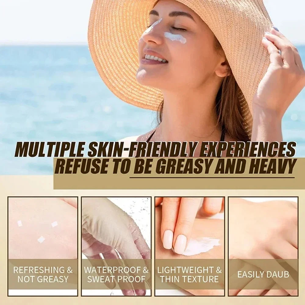 Woman applying sunscreen with text highlighting skin-friendly experiences