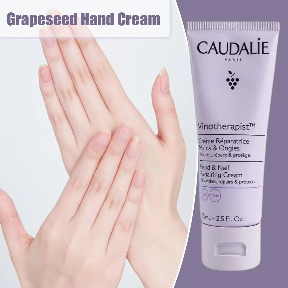 Caudélé Grapeseed Hand Cream with hands applying cream on a light purple background