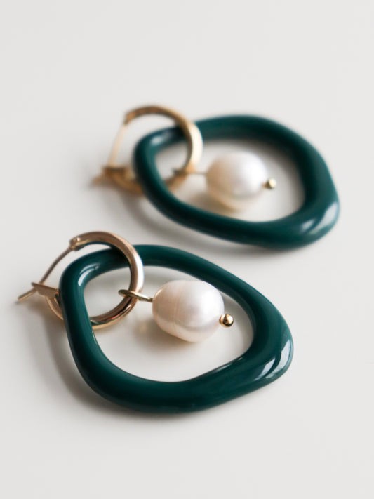 Arp Pearl and Porcelain Hoops - Dark Green