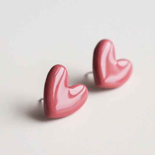 Porcelain Heart Studs -  Pink-Sterling silver heart earrings with porcelain detail on white background