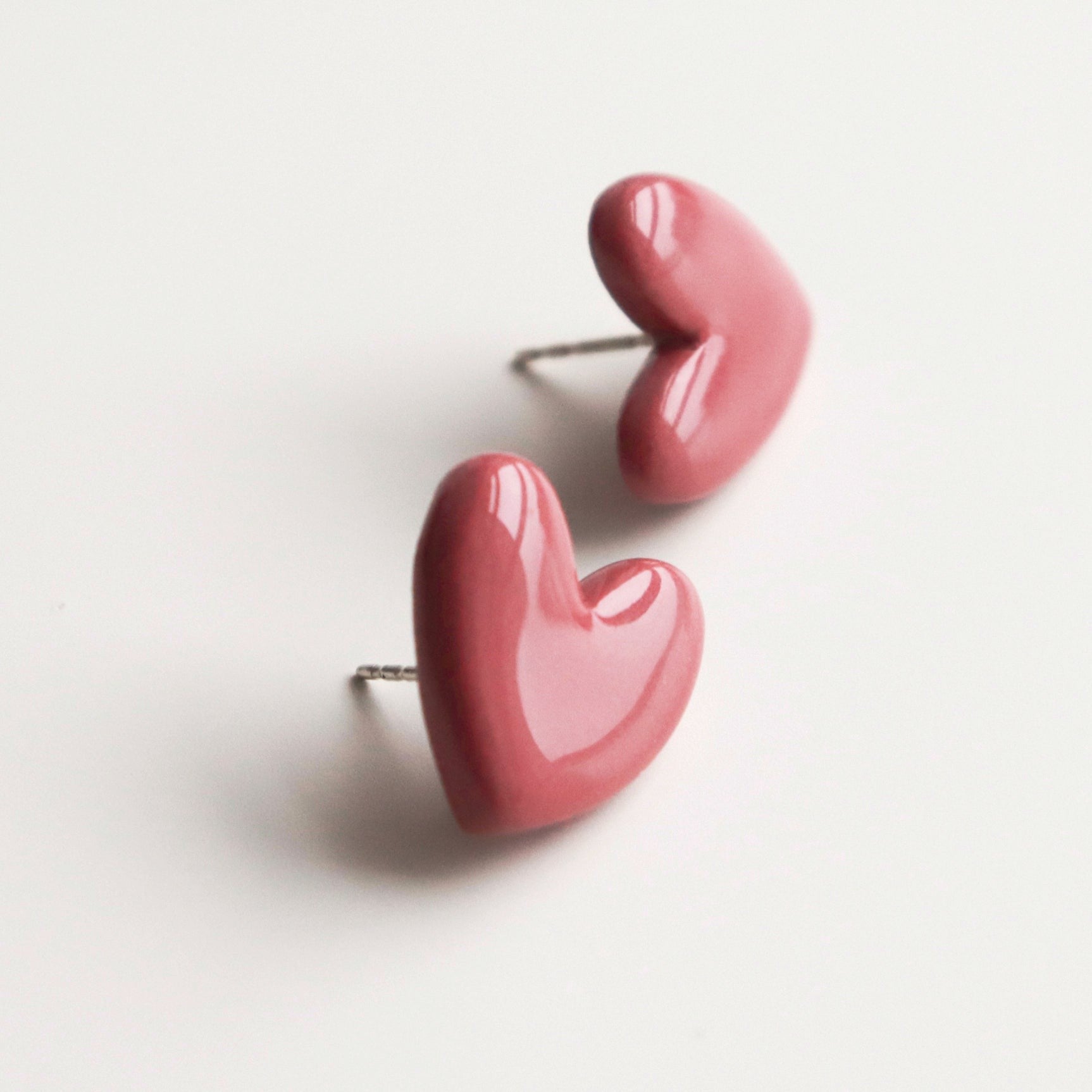 Porcelain Heart Studs -  Pink-Hypoallergenic sterling silver heart earrings for sensitive skin